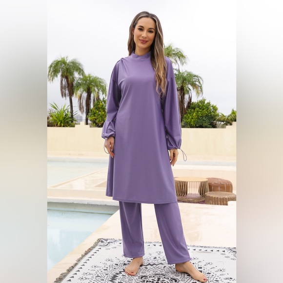 Cap, Drawstring Mock Neck Long Sleeve Top and Pants Swim Set - Picture 6 of 10